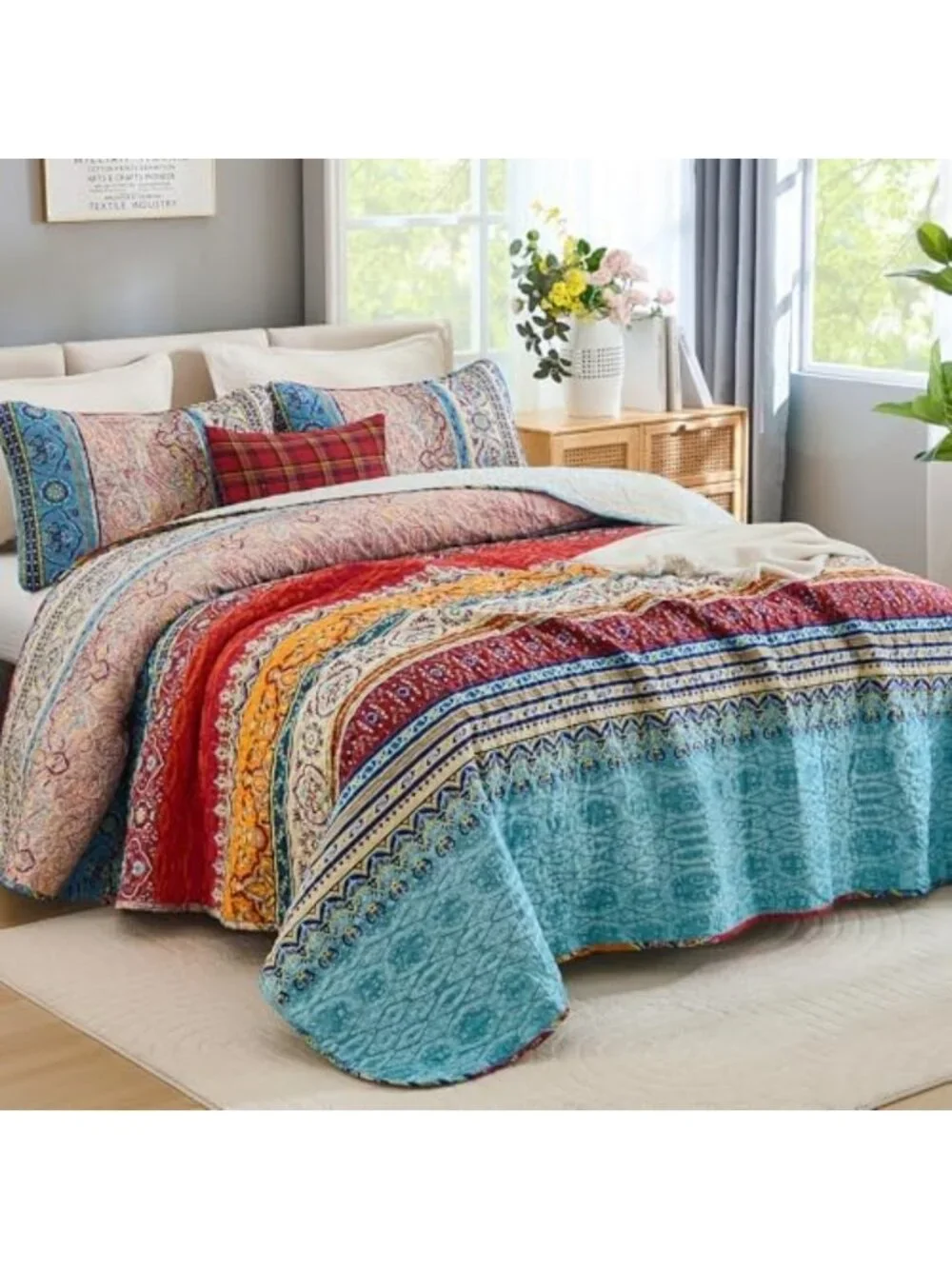 Boho King Size Quilt Set - 3 Piece Bedspread in Blue & Beige, Cozy Bedding